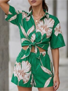 MISA LA Matching Set XXS Green Floral Top Shorts Resort NWT